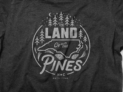 Land of the Pines Badge Design badge branding hand lettered handlettering illustration logo map nc north carolina pine pine tree sticker t shirt typography