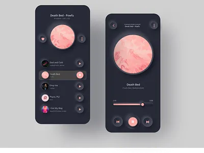 Music app UI (Dark mode) app dark mode dark theme dark ui design minimal music app neumorphism skeumorphism trend