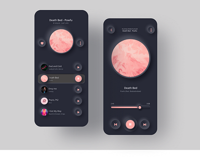 Music app UI (Dark mode) app dark mode dark theme dark ui design minimal music app neumorphism skeumorphism trend