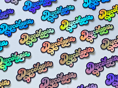 Discotopia 60s 70s branding disco foil holographic illustration music rainbow reflective script sticker typeface