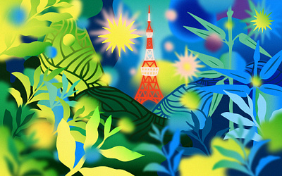 Reaching for Tokyo Tower airline art bamboo digital illustration dreams dreamy editorial illustration fields hills illustration japan landscape outdoors paper art papercut texture tokyo tower travel traveling