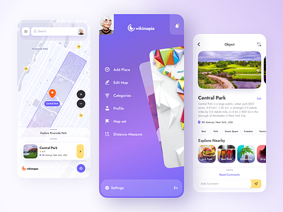 Wikimapia // Mobile App app app design application gradient map minimal mobile mobile design mobile ui place product design route travel ui walking wikimapia