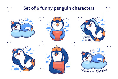 Set of penguin characters. Apparel designes animal apparel apparel design cartoon character design dreams flat illustration kawaii lettering logo penguins prince sleep snore vector