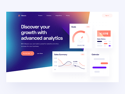 Hero Exploration: Landing Page calendar chart dashboard dashboard landing gradient gradient color graphics landing landing design landing page landing page design saas saas landing saas landing page sales history sales summary stripe trendy ui elements