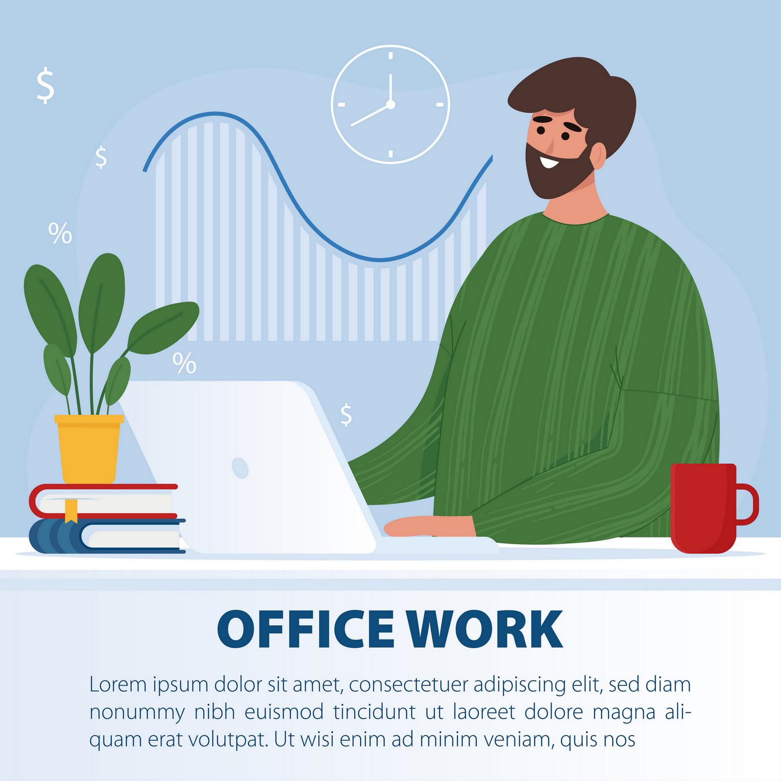 Example of Man working at the computer and drinking coffee