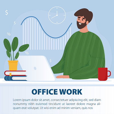 Man working at the computer and drinking coffee business illustration character computer design economic flat freelance illustration landingpage laptop office office work vector work workplace