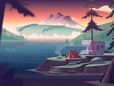 Summer motor camp blue camp car cartoon cloud design evening hill illustration journey lake landscape light mountains nature project retro trip vector website design