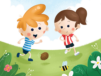 Friendship character character design child children book illustration childrens book childrens illustration football friends friendship game illustration kid pinecone playing