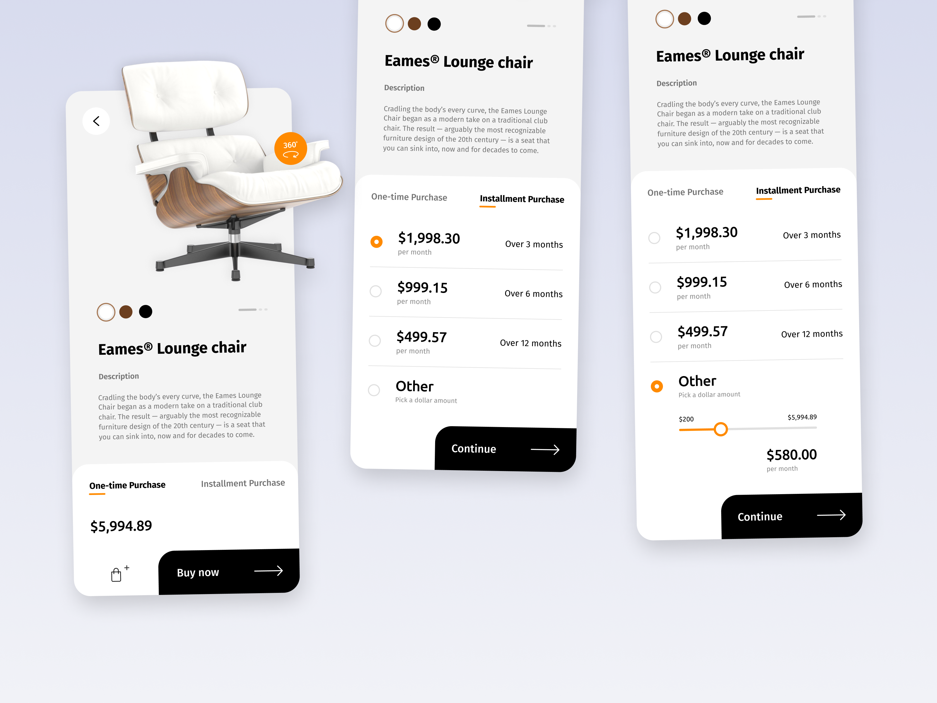 Buy now - Pay later app buy now cart clean comfort eames chair ecommerce furniture installment lounge chair mobile pay later payment product product design purchase retro simple ui