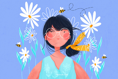 The girl and the honey bee daisy flowerillustration funwithfaces girlillustration honeybee illustration illustration art illustrator summertime