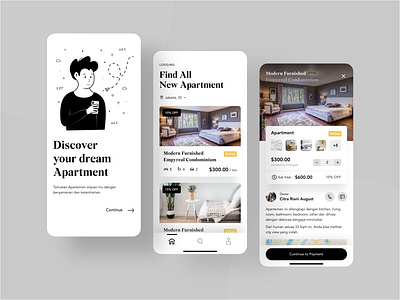 Apartment Booking App apartment app bedroom black figma flat illustration illustration livingroom realestate uidesign uxdesign