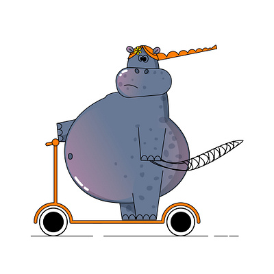 A frustrated hippopotamus goes shopping. angry eco bag girl hippo hungry mood sad scooter speed upset