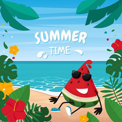 Cute Watermelon on beach landscape beach bright card creative design illustration landcape oceans recreation search summer summer party summer party flyer summertime tropical leaves vacation vector watermelon