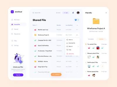 JenxCloud - Shared File Screen dashboard dashboard design dashboard ui design dropbox file management file manager file storage google drive minimalism one drive orange purple simple ui ux yellow