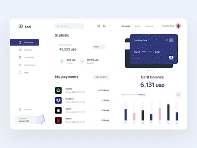 Tori Banking Dashboard app bank bank account bank app bank card clean dashboard minimal money money app money transfer payment app payments statistic transactions ui