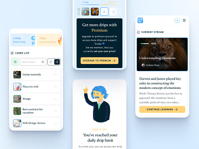 Trickle.app - Make lifelong learning effortless - Mobile app cards clean courses dashboard illustration learn learning lesson list mobile online platform progress reader search statistics timeline ui ux
