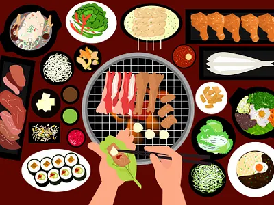 Korean BBQ baberque bbq bibimbab chicken soup fish cakes flat design graphic design illustration korea korean food odeng samgyetang toppoki vector