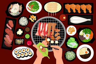 Korean BBQ baberque bbq bibimbab chicken soup fish cakes flat design graphic design illustration korea korean food odeng samgyetang toppoki vector