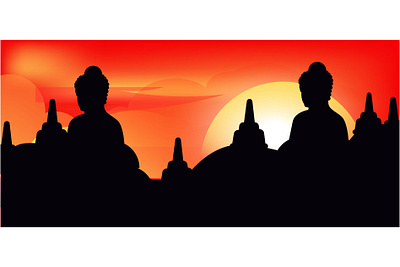 Sunset at Borobudur temple flat design graphic design hinduism illustration landing page landscape sunset temple vector