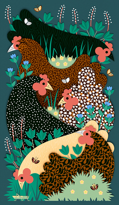 Chicken WIP No. 2 animal bird birds butterflies butterfly chicken chickens flora flowers illustration insects paper