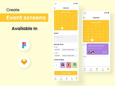 Create Event App screens app calender date event figma invite ios people time