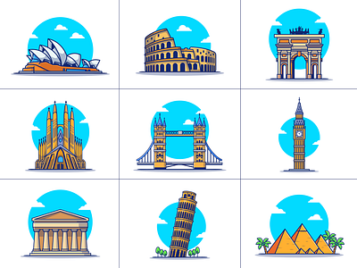 Travelling....... ✈️🧳🗺️🌎 (PART 1) australia barcelona bridge building egypt england famous germany icon illustration italy landmark logo london pyramid spain sydney opera house