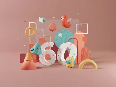 60k followers! 3d abstract bird blender caterpillar celebration character color gradient illustration monster pantone pastel texture