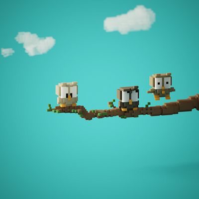 Voxel Owls 3d branch cute cute animals magicavoxel owls tiny voxelart voxels