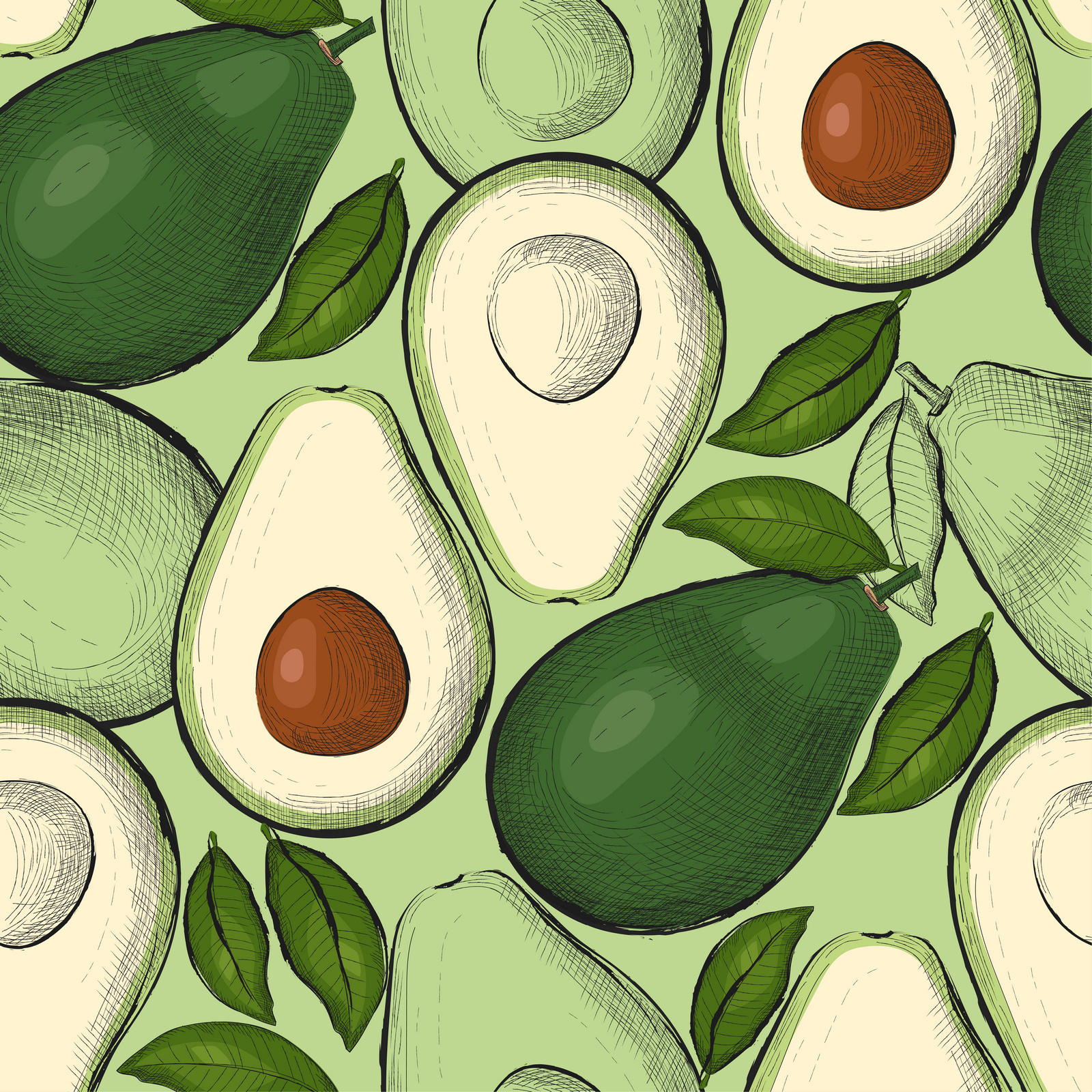 Example of avocado seamless pattern in sketch style