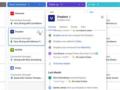 Kanban Record Popover activity feed contact crm modal pipeline popover product relationship stages timeline ui ux