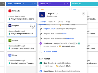 Kanban Record Popover activity feed contact crm modal pipeline popover product relationship stages timeline ui ux