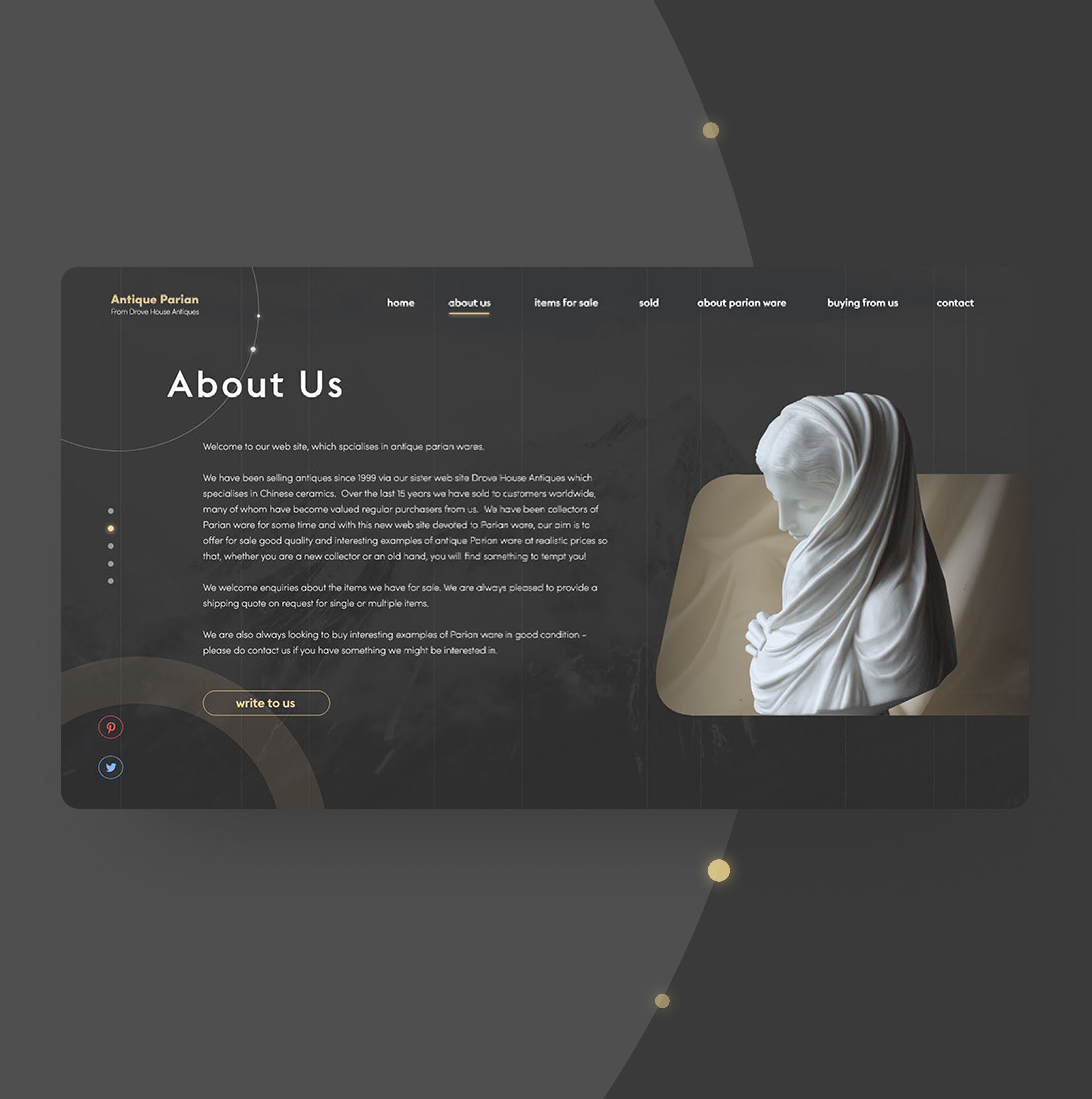 Example of Second screen of website antique parian wares.