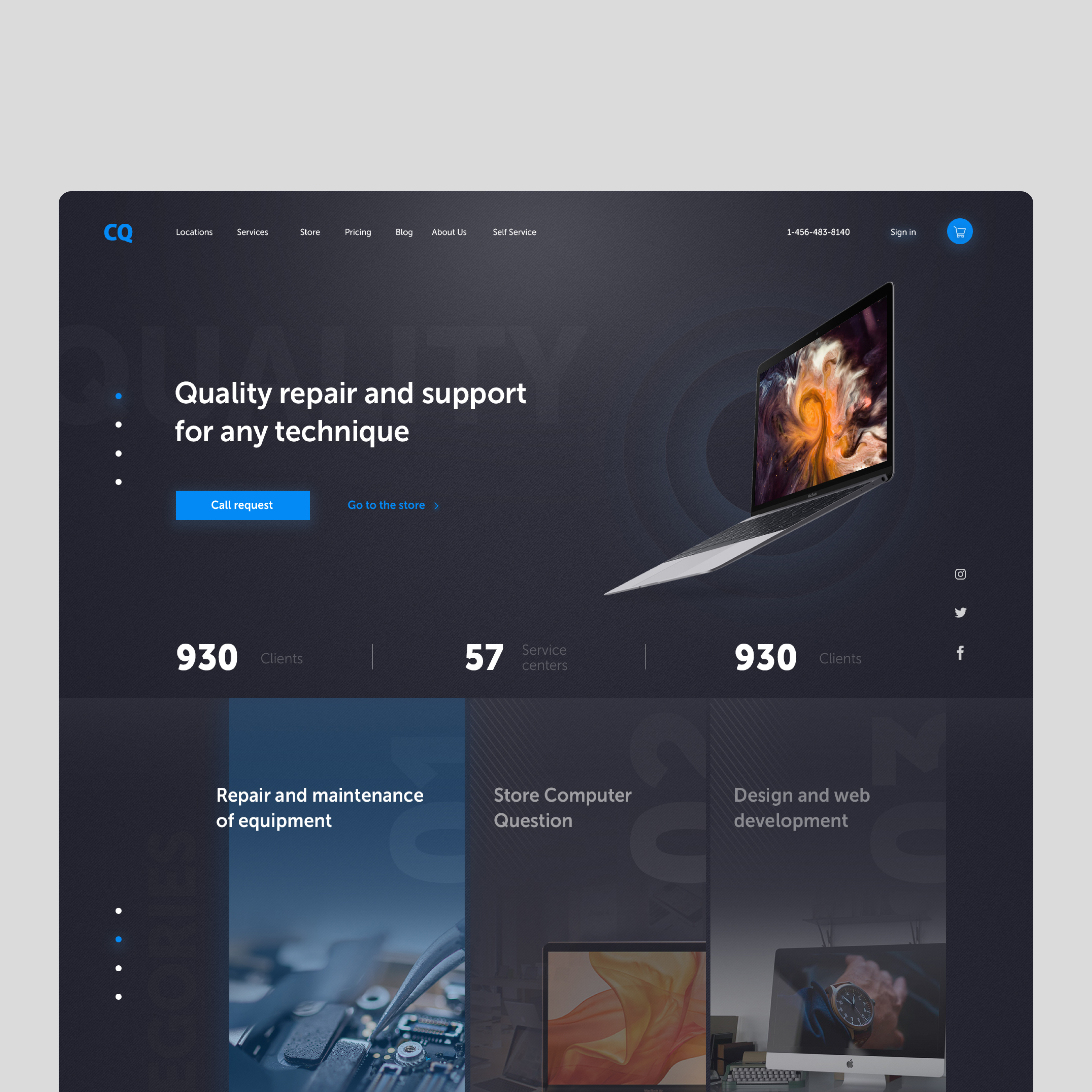 Example of Website for equipment service, dark theme.