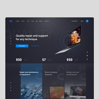 Website for equipment service, dark theme. design minimal ui ux web website