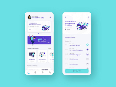 E-learning app app ui app ui ux clean interface course screen design elearning illustration minimal modern app ui uiux