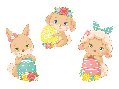 Cute animals with Easter eggs animal baby bunny cartoon character cute design easter egg flower happy holiday illustration kids little postcard rabbit sheep sticker vector