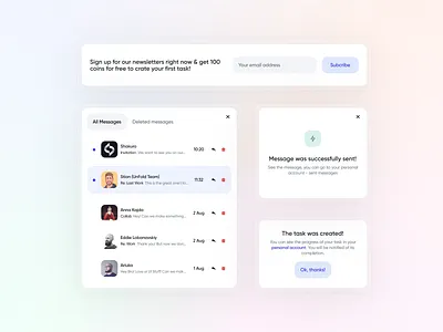 Dribbble Promotion Service - UI Components card clean component dashboad design finance gradient interface mail messages modal window newsletter notification service ui ui components ui elements ux