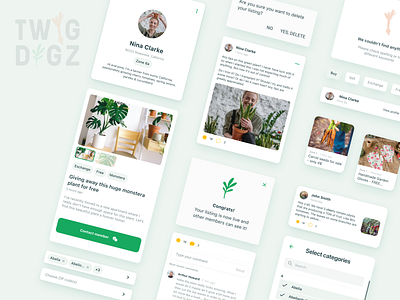 Social Media App for Gardeners | UI Elements app app design building blocks card design cards cards ui chips craigslist dialogs filters gardening listing page listings mobile app profile page social media style guide tags ui ui elements