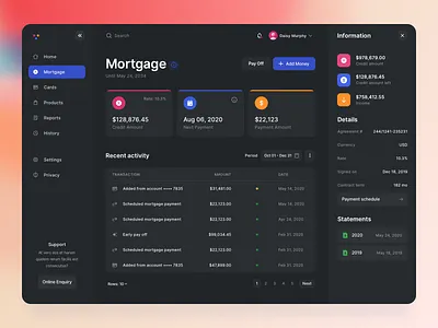 M - Dashboard app banking buttons cards colored components dark dashboard design finance loans minimal modern mortgage side menu table theme ui ux web