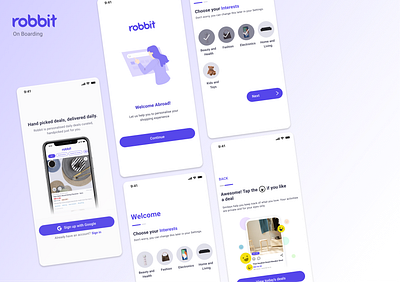 Robbit On Boarding app design illustration minimal onboarding onboarding illustration personalization product cards products ui ux ux ui web