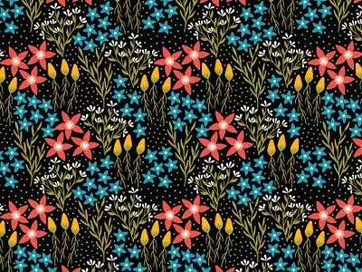 Playful flowers black fabric flat design floral pattern flowers repeating pattern seamless pattern surface pattern surface pattern design textile vector pattern
