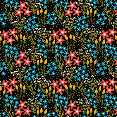 Playful flowers black fabric flat design floral pattern flowers repeating pattern seamless pattern surface pattern surface pattern design textile vector pattern