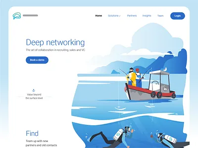 Deep Networking — Deep Diving boat character character design fisherman fishing illustraion illustrator landing page ocean people scuba diver ui