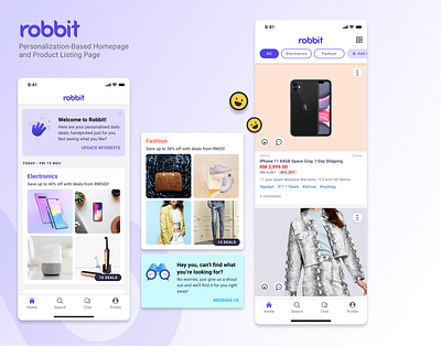 Robbit Personalization-Based Homepage and Product Listing design illustration personalization product cards product page products typography ui ux ux ui