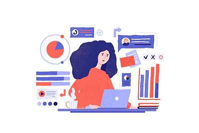 Analytic work adobe illustrator analytics hand drawn illustration office vector vector art woman in office