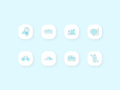 Discover - Travel icons 2d 3d 3d icon branding clean cycling design flat green kayak logo minimal modern surfing travel travel app travel icon turquoise typography