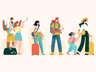 Tourists wearing face masks character facemasks illustration lifestyle new normal people people illustration tourists vector vector illustration