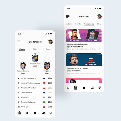 Chess.com Leaderboard, Newsfeed Screens adobexd board game chess feed gaming news ranking ui uiux userinterface ux