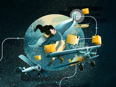 Flying adventure app flying girl illustration plane shipping