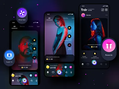 Trad3r Home page exploration app application application design community dark mode light earn save group people homescreen interface experience interface illustration investment money neel prakhar sharma social stock trading ui ux